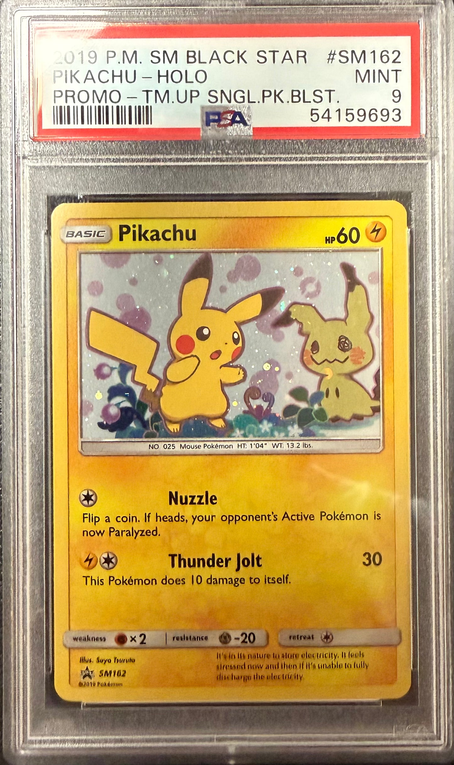 PIKACHU-HOLO PROMO-TM.UP SNGL.PK.BLST. 2019 POKEMON SM BLACK STAR PROMO PSA MINT 9