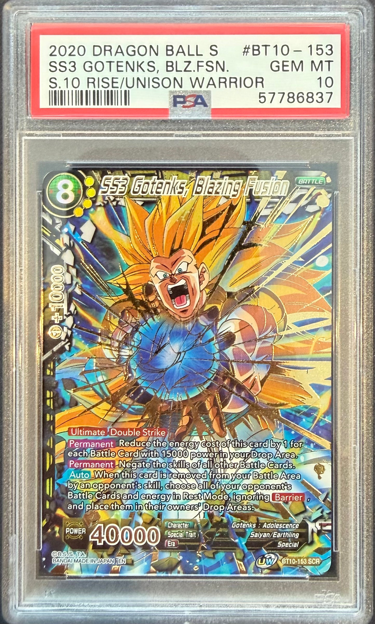 SS3 GOTENKS, BLAZING FSN SECRET RARE 2020 DRAGON BALL SUPER CARD GAME SERIES 10 RISE OF THE UNISON WARRIOR PSA GEM MT 10