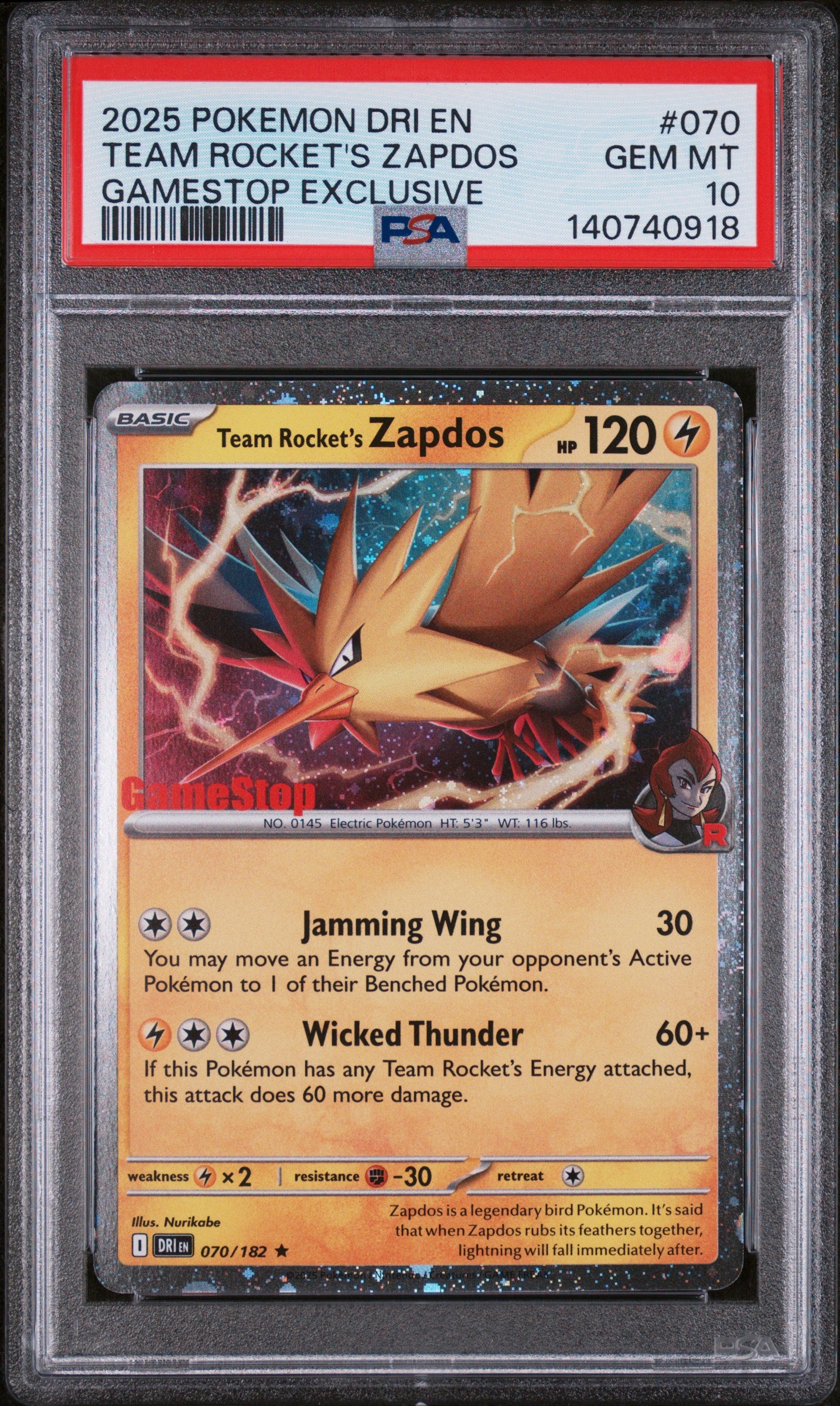 TEAM ROCKET'S ZAPDOS GAMESTOP EXCLUSIVE 2025 POKEMON DRI EN-DESTINED RIVALS PSA GEM MT 10