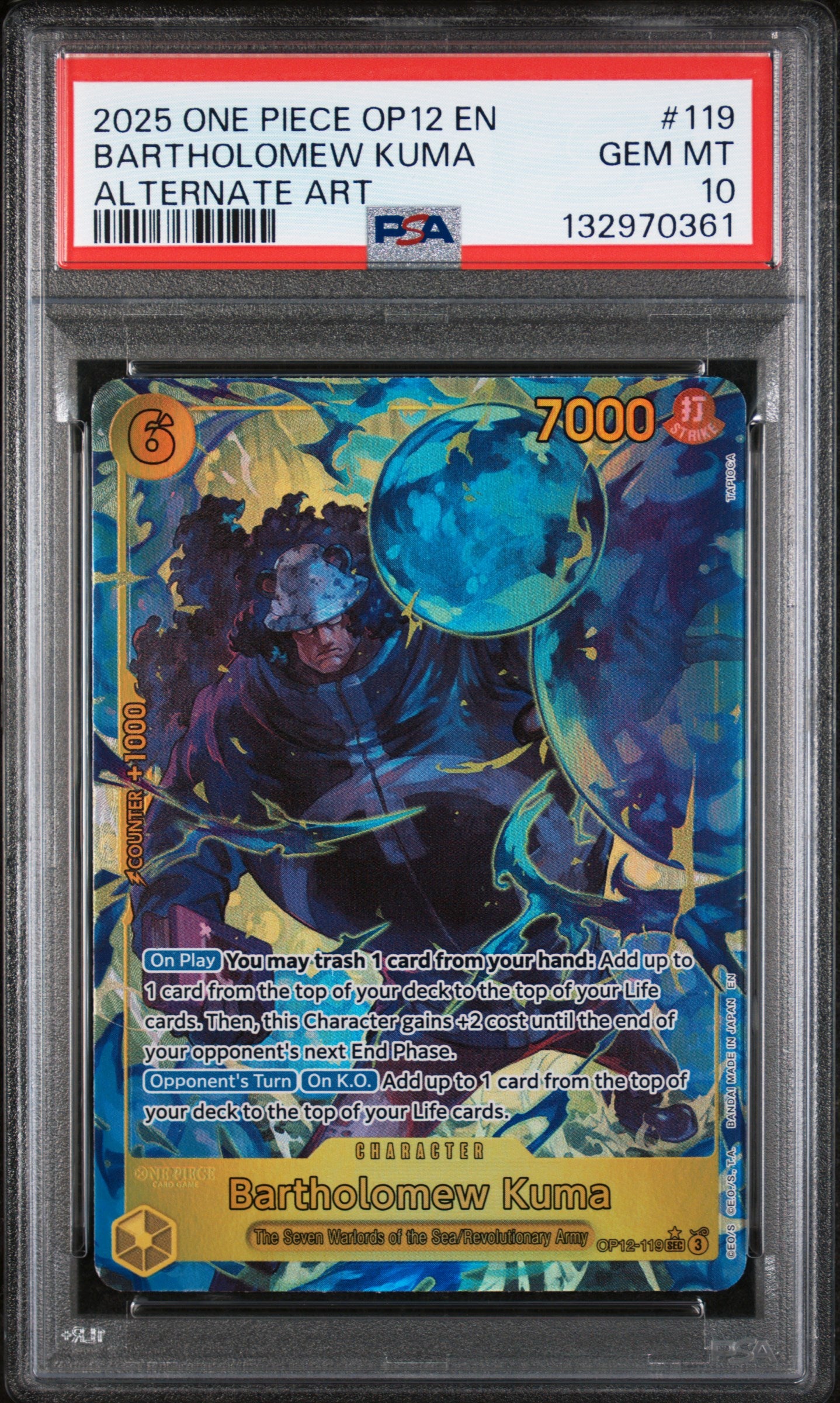 BARTHOLOMEW KUMA ALTERNATE ART 2025 ONE PIECE OP12-LEGACY OF THE MASTER PSA GEM MT 10