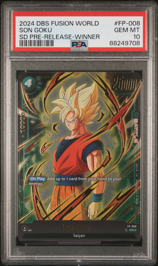 SON GOKU SD PRE-RELEASE-WINNER 2024 DRAGON BALL SUPER CARD GAME FUSION WORLD STARTER DECK PRE-RELEASE EVENT PSA GEM MT 10