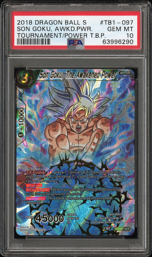 SON GOKU, AWKD POWER SECRET RARE 2018 DRAGON BALL SUPER CARD GAME THEMED BOOSTER 1 TOURNAMENT OF POWER PSA GEM MT 10