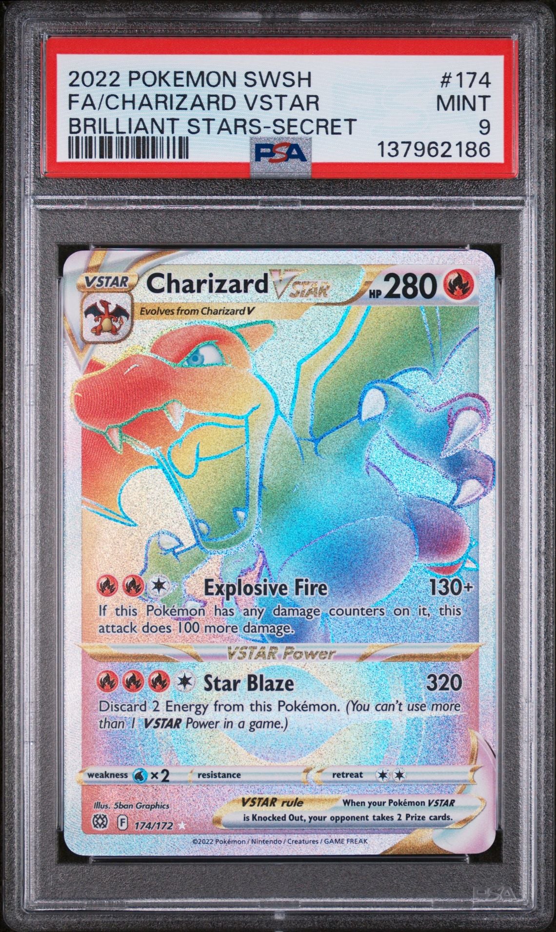 FA/CHARIZARD VSTAR BRILLIANT STARS-SECRET 2022 POKEMON SWORD & SHIELD BRILLIANT STARS PSA MINT 9