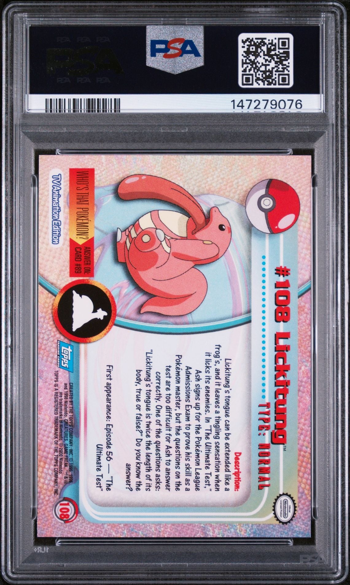 LICKITUNG ANIMATION SERIES 2 2000 TOPPS POKEMON TV ANIMATION SERIES 2 PSA GEM MT 10