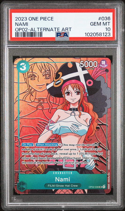 NAMI ALTERNATE ART 2023 ONE PIECE OP02-PARAMOUNT WAR PSA GEM MT 10