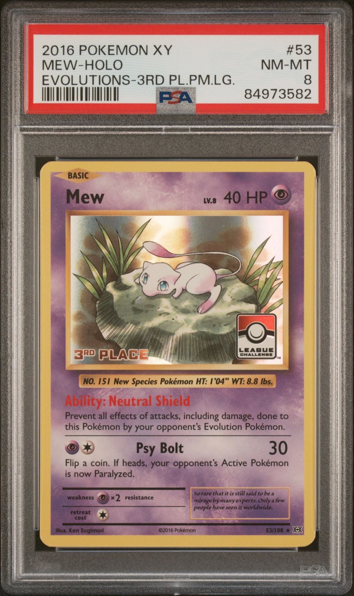 MEW-HOLO EVOLUTIONS-3RD PL.PM.LG. 2016 POKEMON XY EVOLUTIONS PSA NM-MT 8