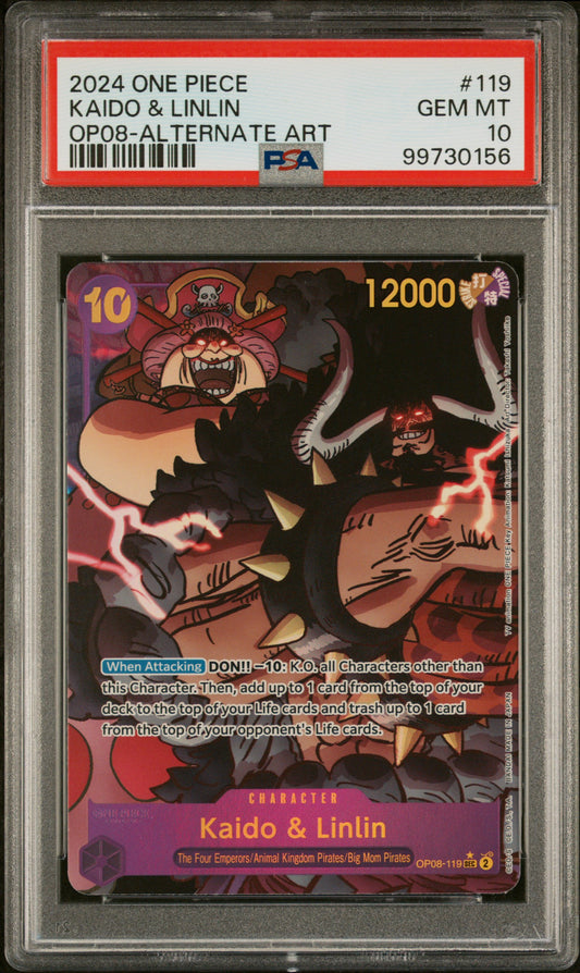 KAIDO & LINLIN ALTERNATE ART 2024 ONE PIECE OP08-TWO LEGENDS PSA GEM MT 10