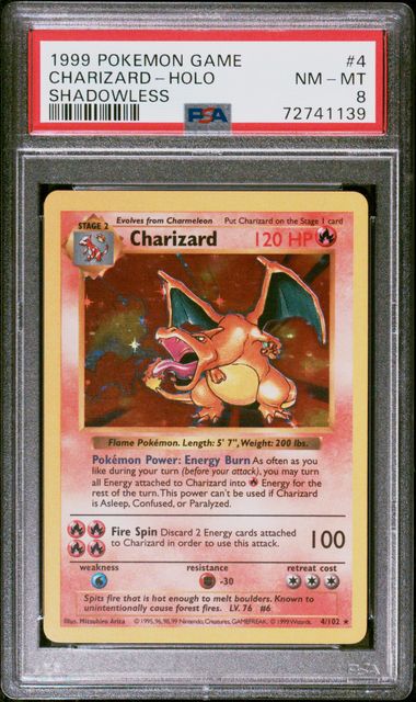 CHARIZARD-HOLO SHADOWLESS 1999 POKEMON GAME PSA NM-MT 8