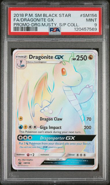 2018 POKEMON SUN & MOON BLACK STAR PROMOS #SM156 FA/DRAGONITE GX PROMO-DRG.MJSTY. S/P COLL. PSA 9