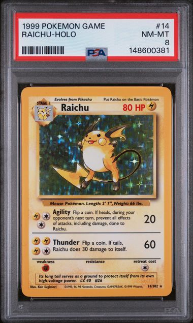 1999 POKEMON GAME #14 RAICHU-HOLO PSA 8