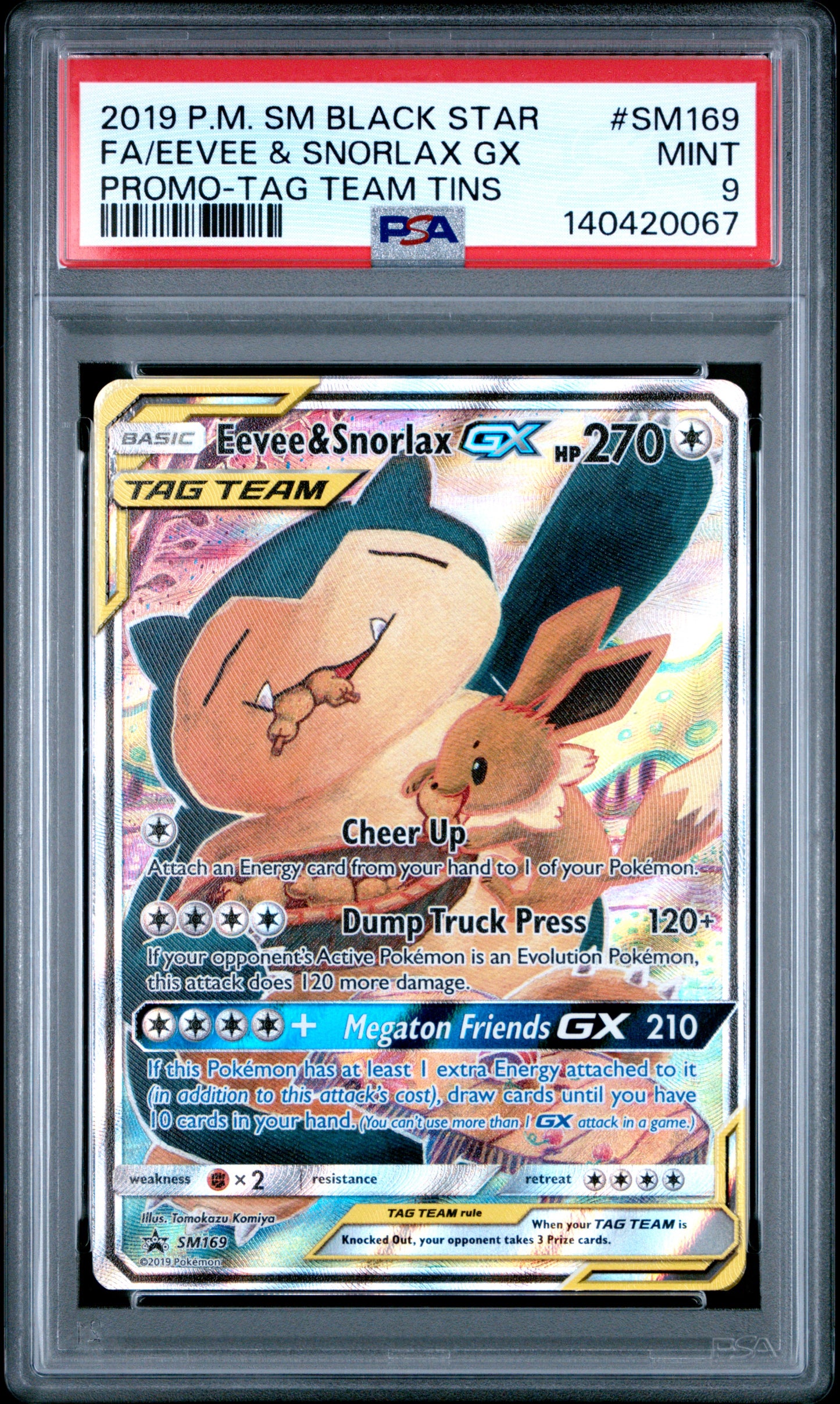 FA/EEVEE & SNORLAX GX PROMO-TAG TEAM TINS 2019 POKEMON SM BLACK STAR PROMO PSA MINT 9