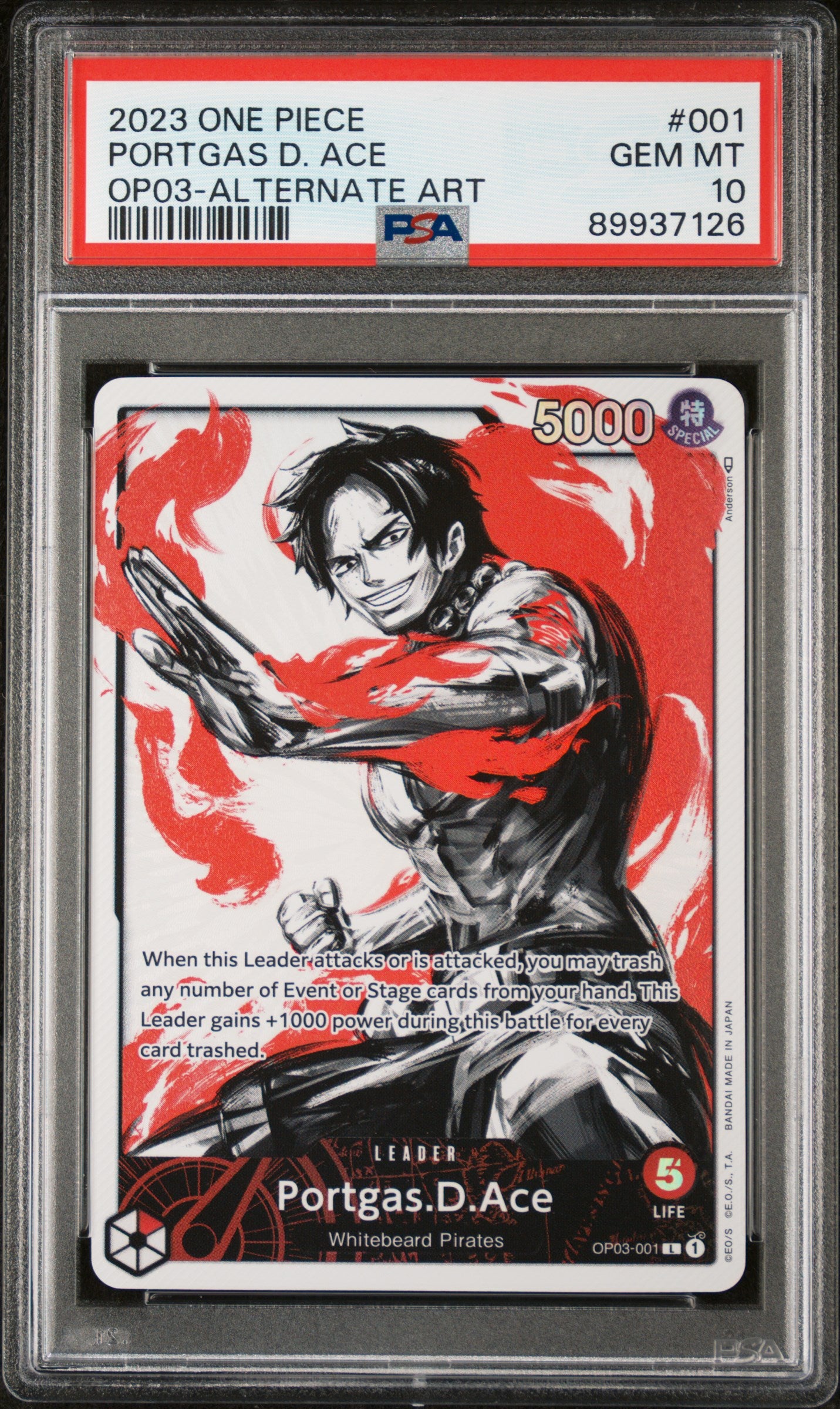 PORTGAS D. ACE ALTERNATE ART 2023 ONE PIECE OP03-PILLARS OF STRENGTH PSA GEM MT 10