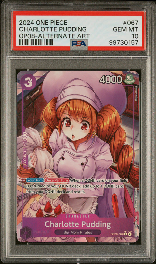 CHARLOTTE PUDDING ALTERNATE ART 2024 ONE PIECE OP08-TWO LEGENDS PSA GEM MT 10