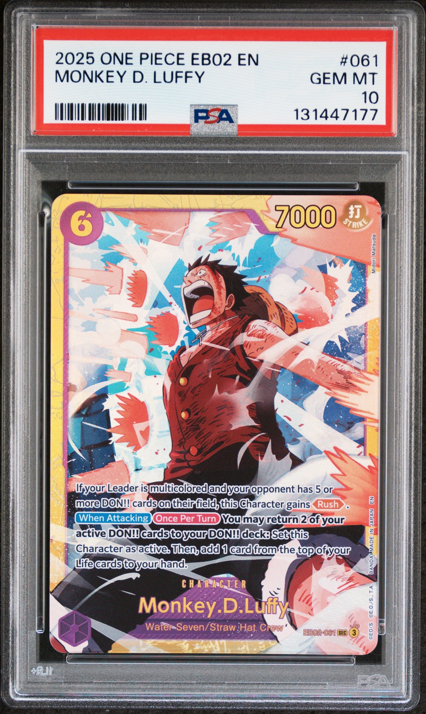 MONKEY D. LUFFY 2025 ONE PIECE EB02-EXTRA BOOSTER -ANIME 25TH COLLECTION- PSA GEM MT 10