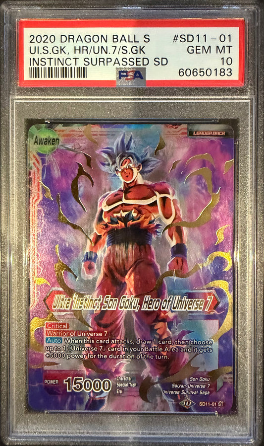 UI GOKU, HERO/UNV 7 2020 DRAGON BALL SUPER CARD GAME STARTER DECK 11 INSTINCT SURPASSED PSA GEM MT 10