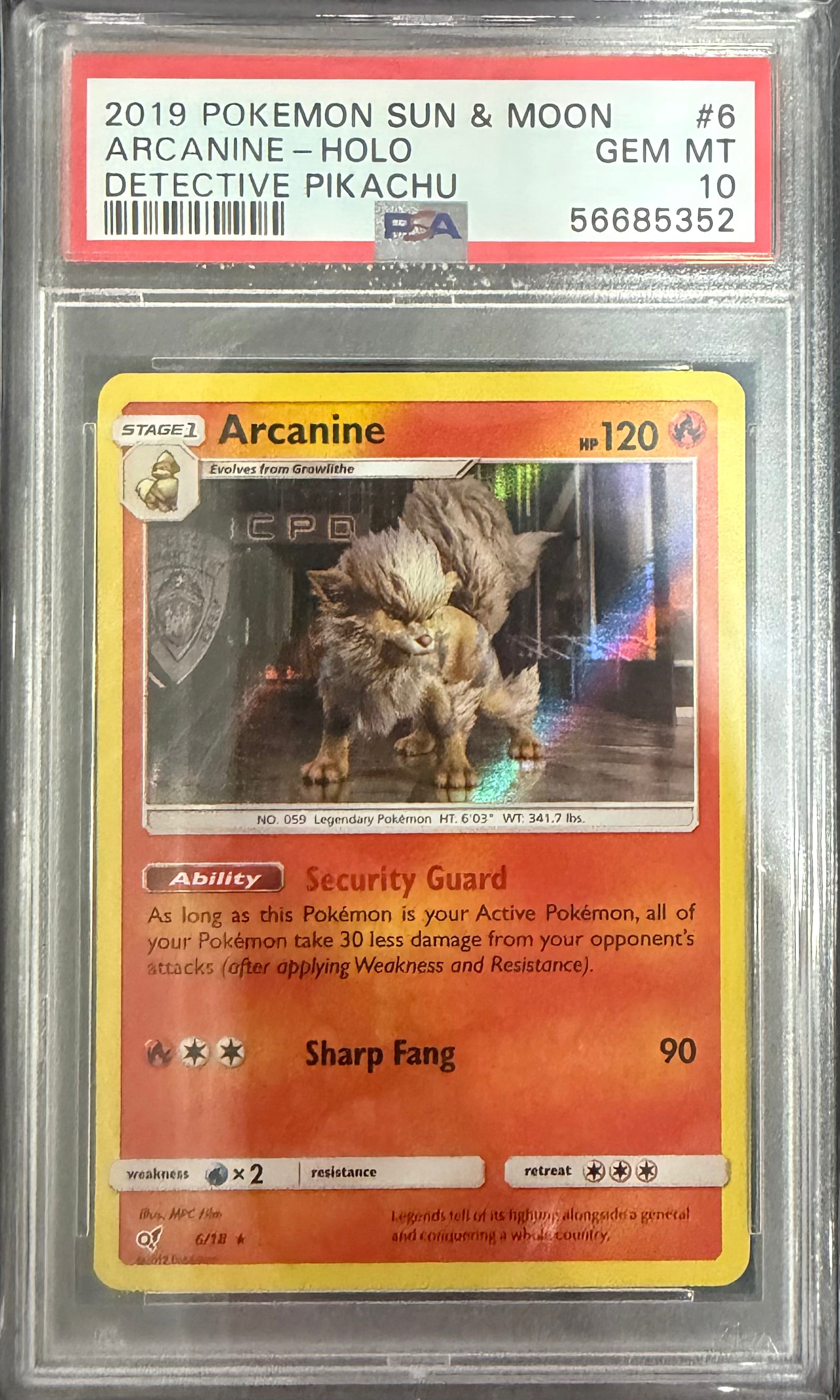 2019 POKEMON SUN & MOON DETECTIVE PIKACHU #6 ARCANINE-HOLO DETECTIVE PIKACHU PSA 10