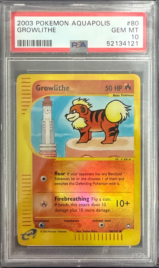 2003 POKEMON AQUAPOLIS #80 GROWLITHE REVERSE FOIL PSA 10