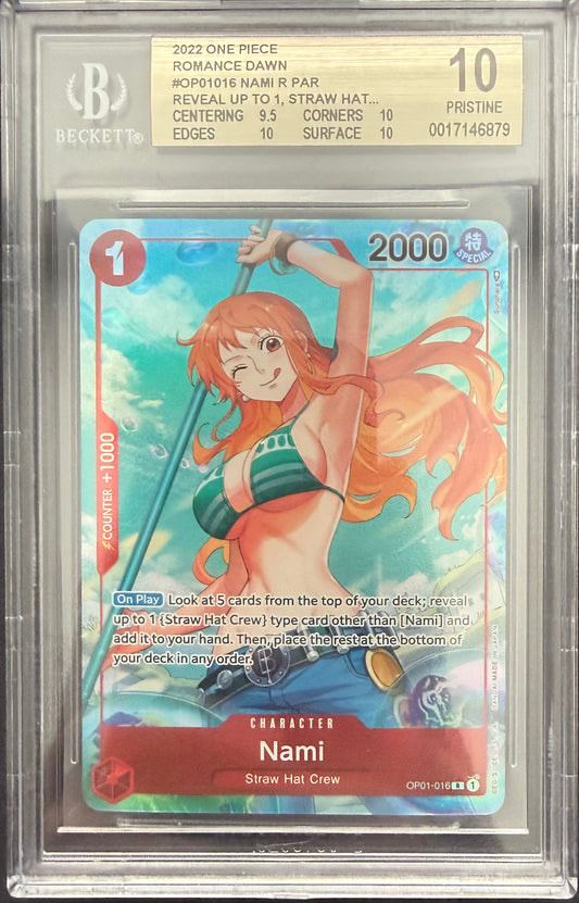 Nami ALT ART R/"reveal up to 1 , Straw Hat..." 2022 2022 One Piece Romance Dawn BGS 10.0