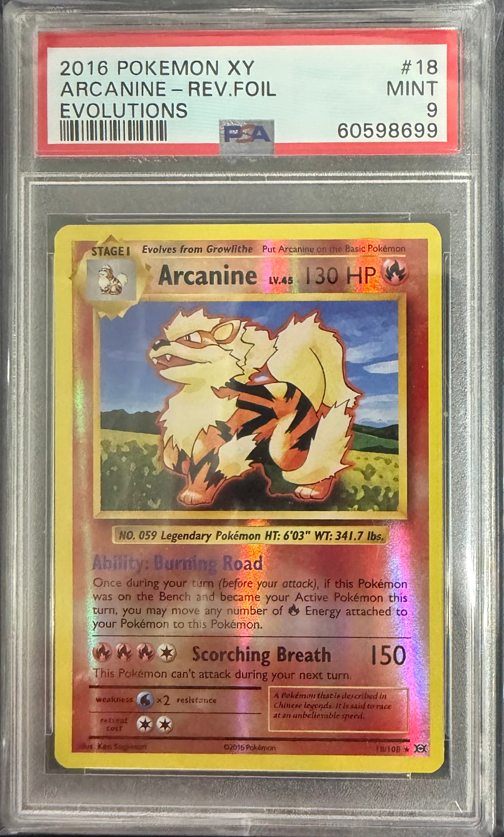 2016 POKEMON XY EVOLUTIONS #18 ARCANINE-REV.FOIL EVOLUTIONS PSA 9