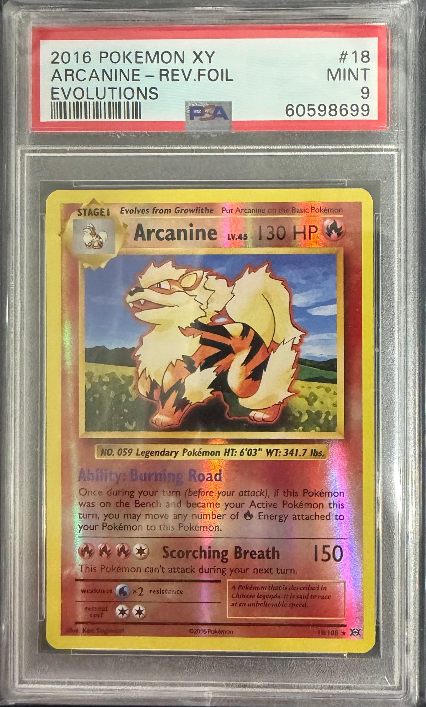 2016 POKEMON XY EVOLUTIONS #18 ARCANINE-REV.FOIL EVOLUTIONS PSA 9
