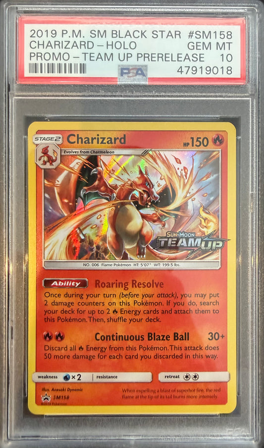 CHARIZARD-HOLO PROMO-TEAM UP PRERELEASE 2019 POKEMON SM BLACK STAR PROMO PSA GEM MT 10