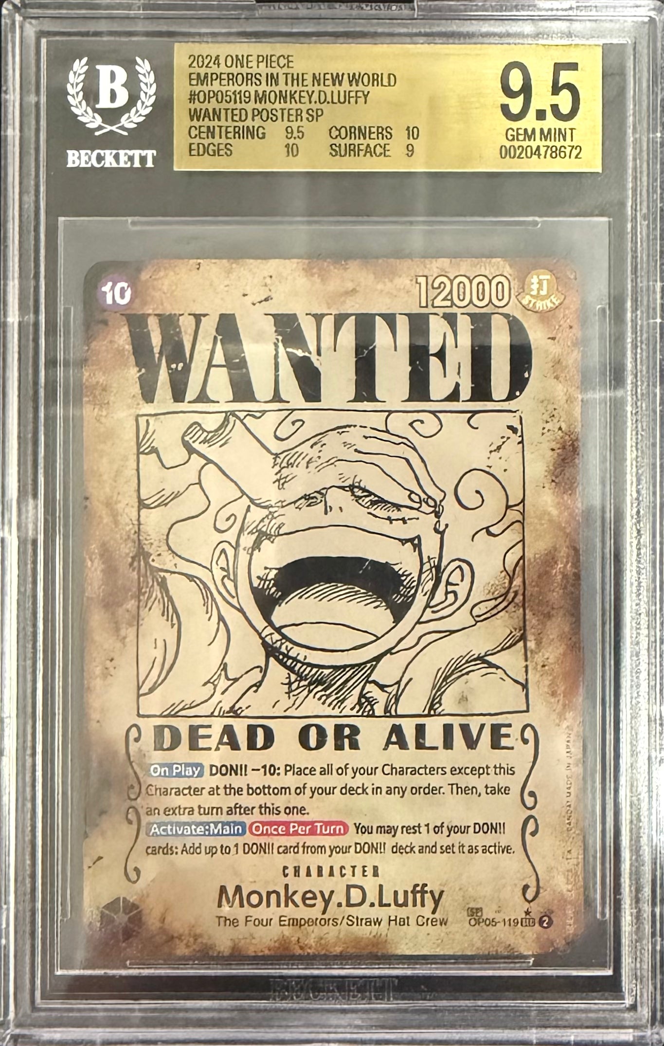2024 One Piece Emperors In New World Wanted Alternate Art Monkey D. Luffy #OP05119 BGS 9.5