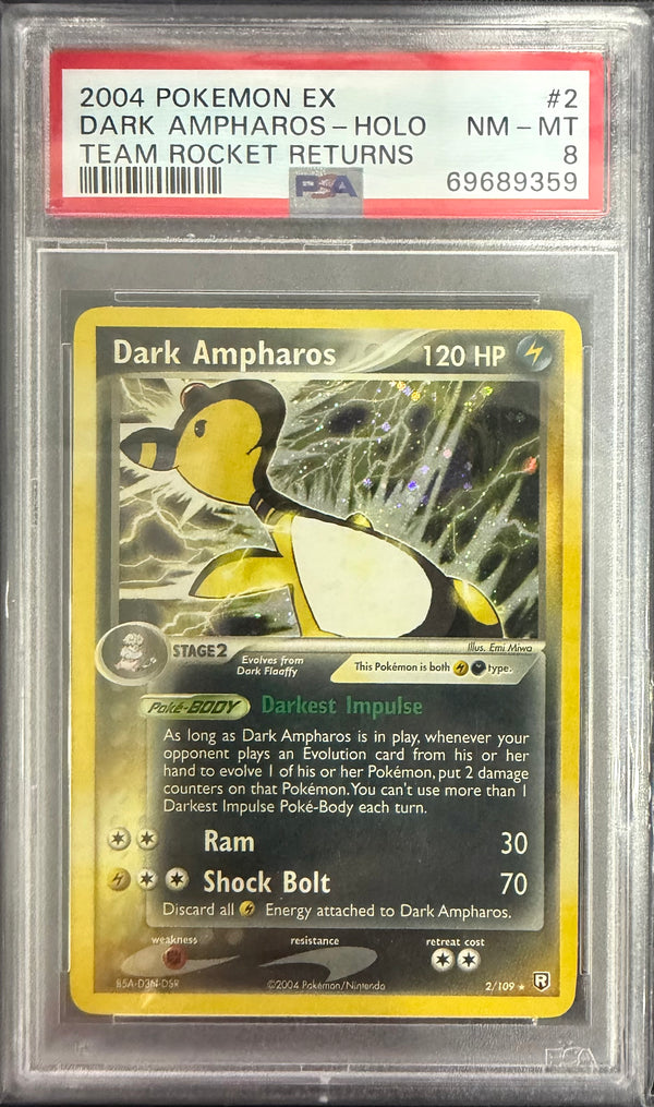 2004 POKEMON EX TEAM ROCKET RETURNS #2 DARK AMPHAROS-HOLO TEAM ROCKET RETURNS PSA 8