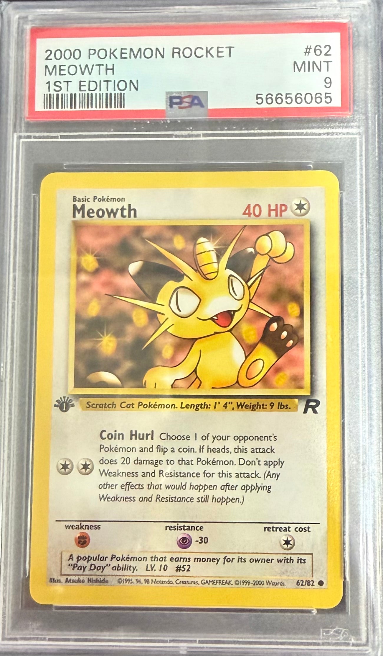 2000 POKEMON ROCKET #62 MEOWTH 1ST EDITION PSA 9