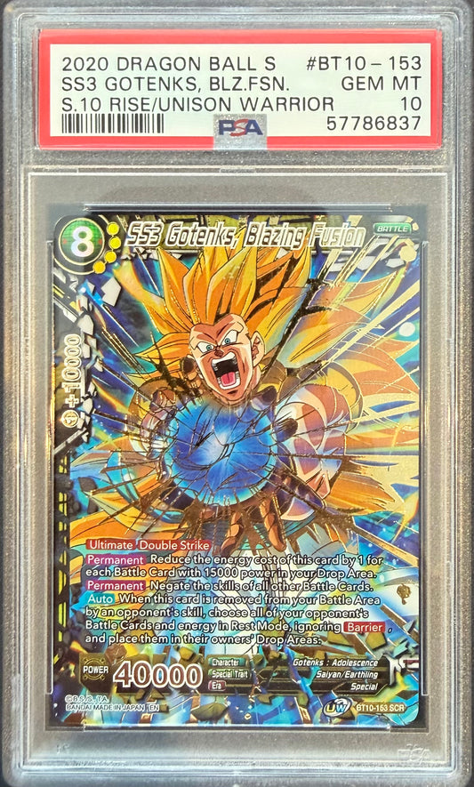 SS3 GOTENKS, BLAZING FSN SECRET RARE 2020 DRAGON BALL SUPER CARD GAME SERIES 10 RISE OF THE UNISON WARRIOR PSA GEM MT 10