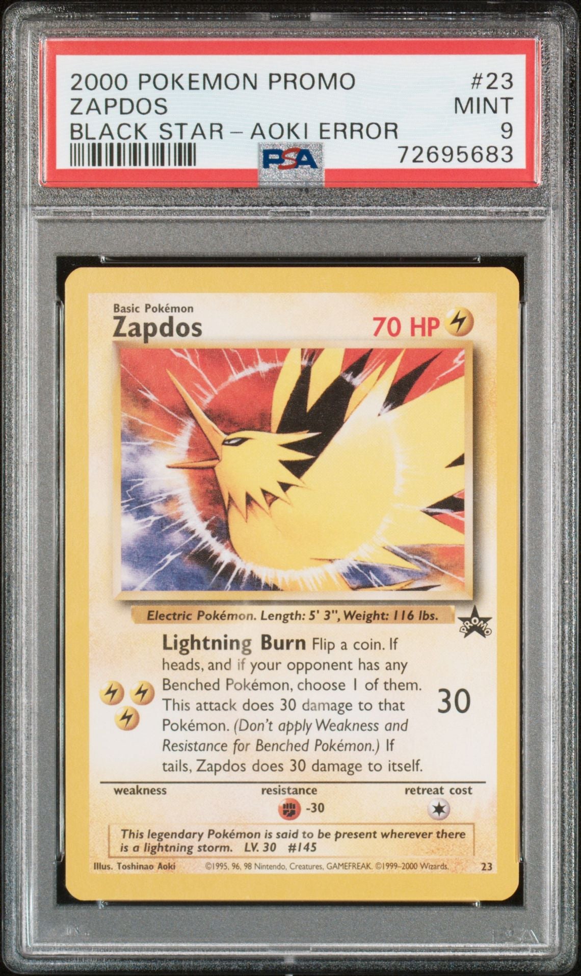 ZAPDOS BLACK STAR-AOKI ERROR 2000 POKEMON PROMO BLACK STAR PSA MINT 9