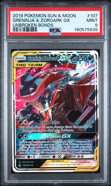 2019 POKEMON SUN & MOON UNBROKEN BONDS #107 GRENINJA & ZOROARK GX UNBROKEN BONDS PSA 9