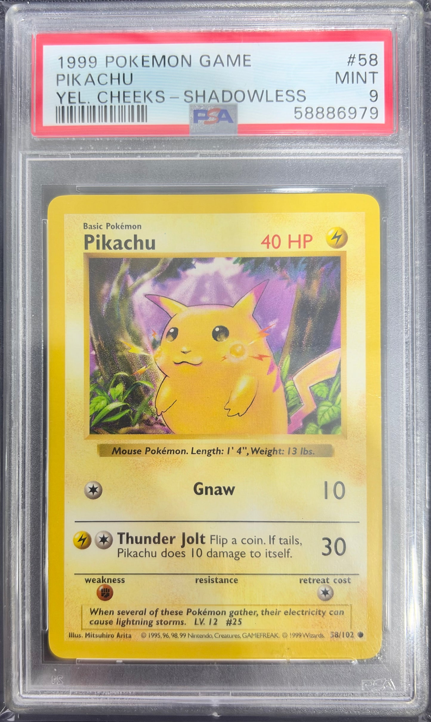 1999 POKEMON GAME #58 PIKACHU YLW.CHEEKS-SHADOWLESS PSA 9