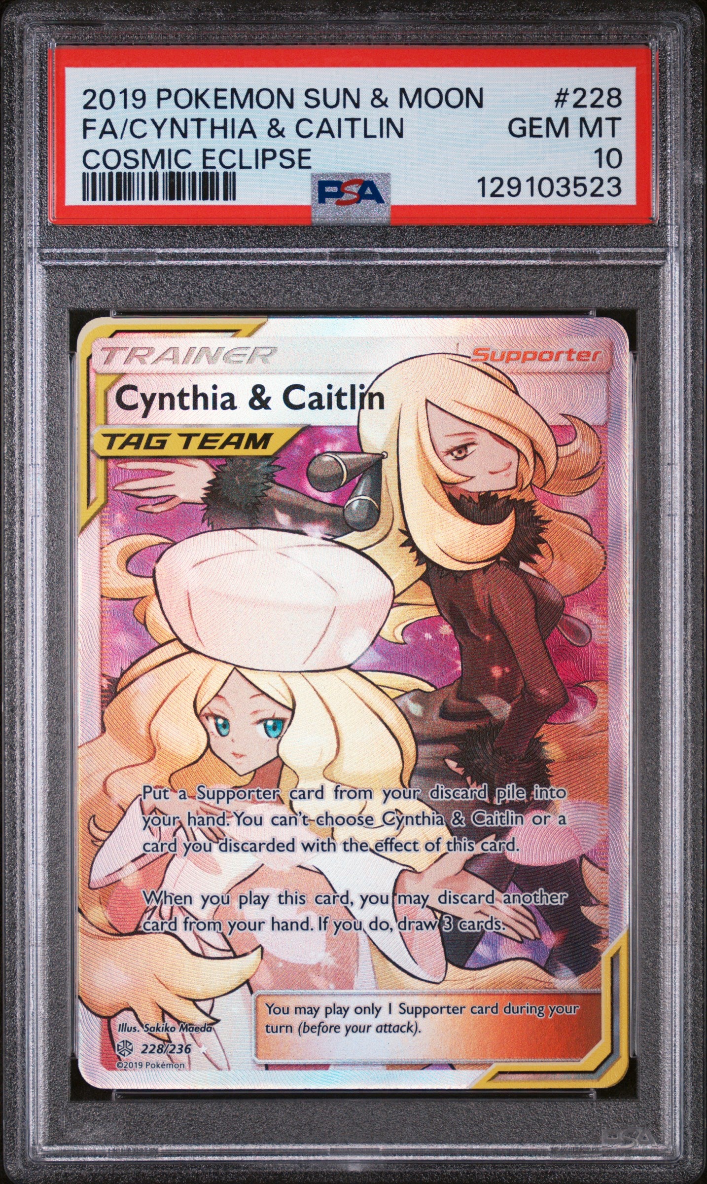 FA/CYNTHIA & CAITLIN COSMIC ECLIPSE 2019 POKEMON SUN & MOON COSMIC ECLIPSE PSA GEM MT 10