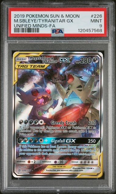 2019 POKEMON SUN & MOON UNIFIED MINDS #226 M.SBLEYE/TYRANITAR GX UNIFIED MINDS-FA PSA 9
