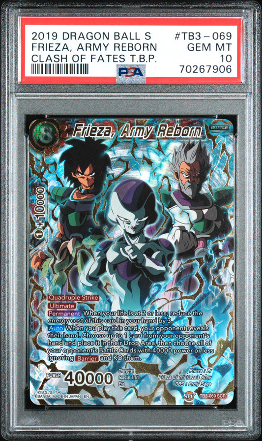 FRIEZA, ARMY REBORN SECRET RARE 2019 DRAGON BALL SUPER CARD GAME THEMED BOOSTER 3 CLASH OF FATES PSA GEM MT 10