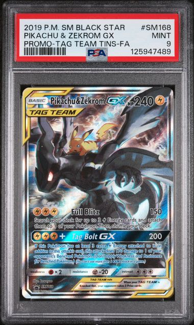 2019 POKEMON SUN & MOON BLACK STAR PROMOS #SM168 PIKACHU & ZEKROM GX PROMO-TAG TEAM TINS-FA PSA 9