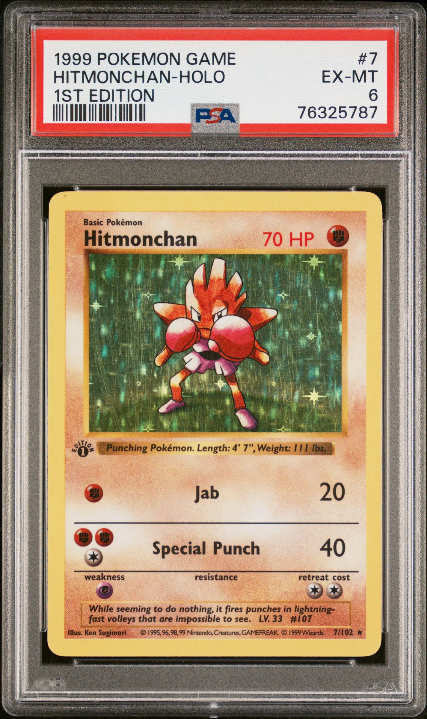 HITMONCHAN-HOLO 1ST EDITION 1999 POKEMON GAME PSA EX-MT 6