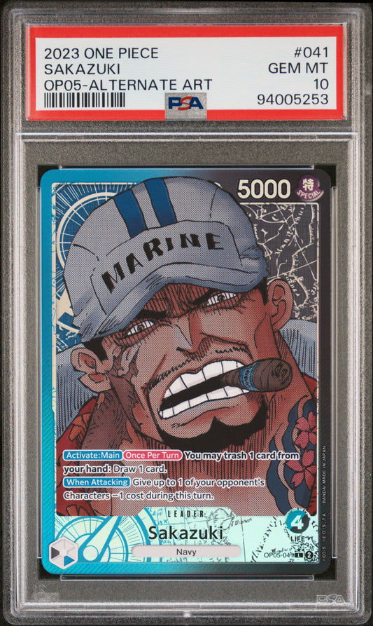 SAKAZUKI ALTERNATE ART 2023 ONE PIECE OP05-AWAKENING OF THE NEW ERA PSA GEM MT 10