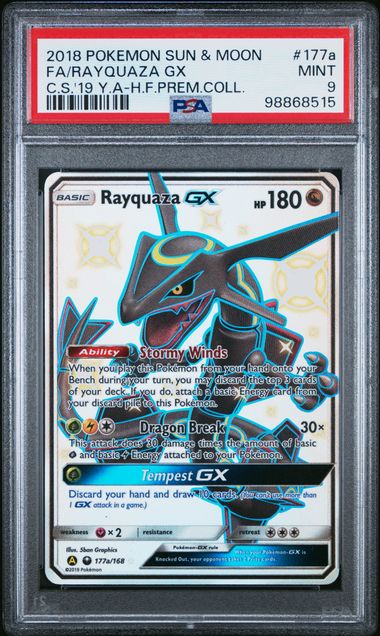 2018 POKEMON SUN & MOON CELESTIAL STORM #177a FA/RAYQUAZA GX C.S.'19 Y.A-H.F.PREM.COLL. PSA 9