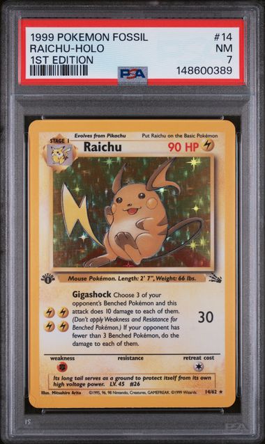 1999 POKEMON FOSSIL #14 RAICHU-HOLO 1ST EDITION PSA 7