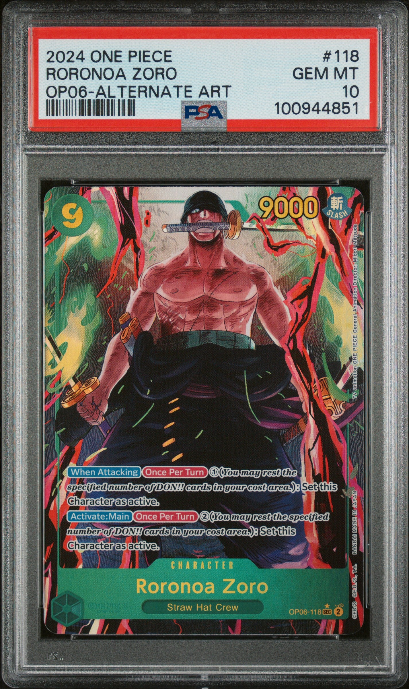 RORONOA ZORO ALTERNATE ART 2024 ONE PIECE OP06-WINGS OF THE CAPTAIN PSA GEM MT 10