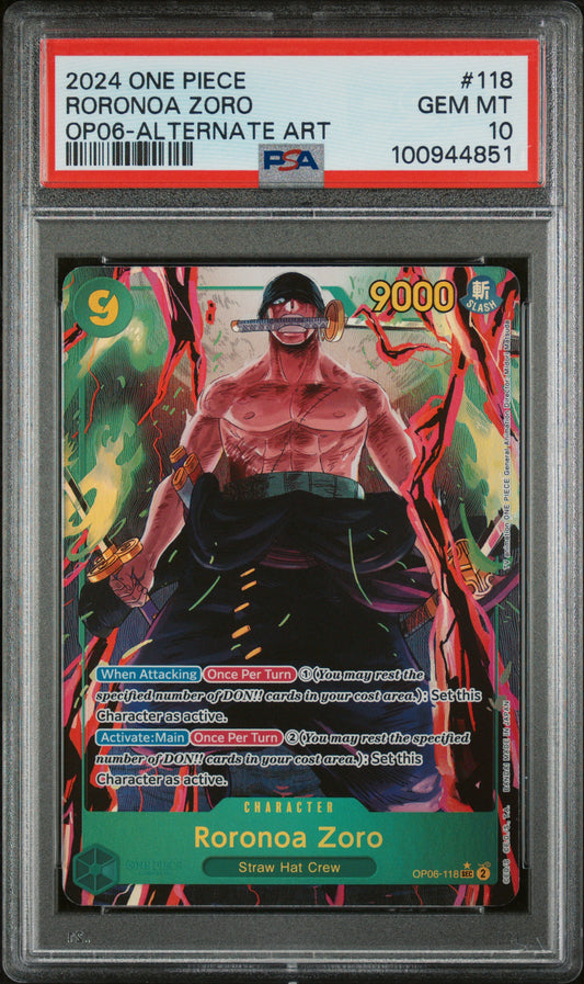 RORONOA ZORO ALTERNATE ART 2024 ONE PIECE OP06-WINGS OF THE CAPTAIN PSA GEM MT 10