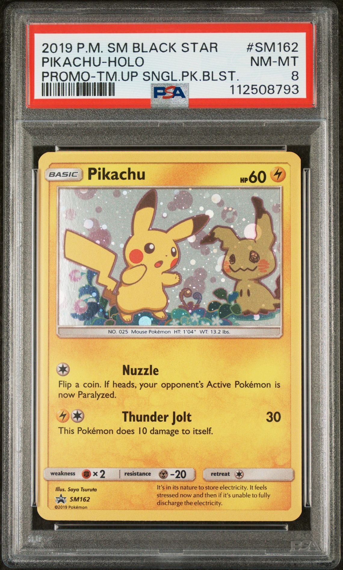 PIKACHU-HOLO PROMO-TM.UP SNGL.PK.BLST. 2019 POKEMON SM BLACK STAR PROMO PSA NM-MT 8