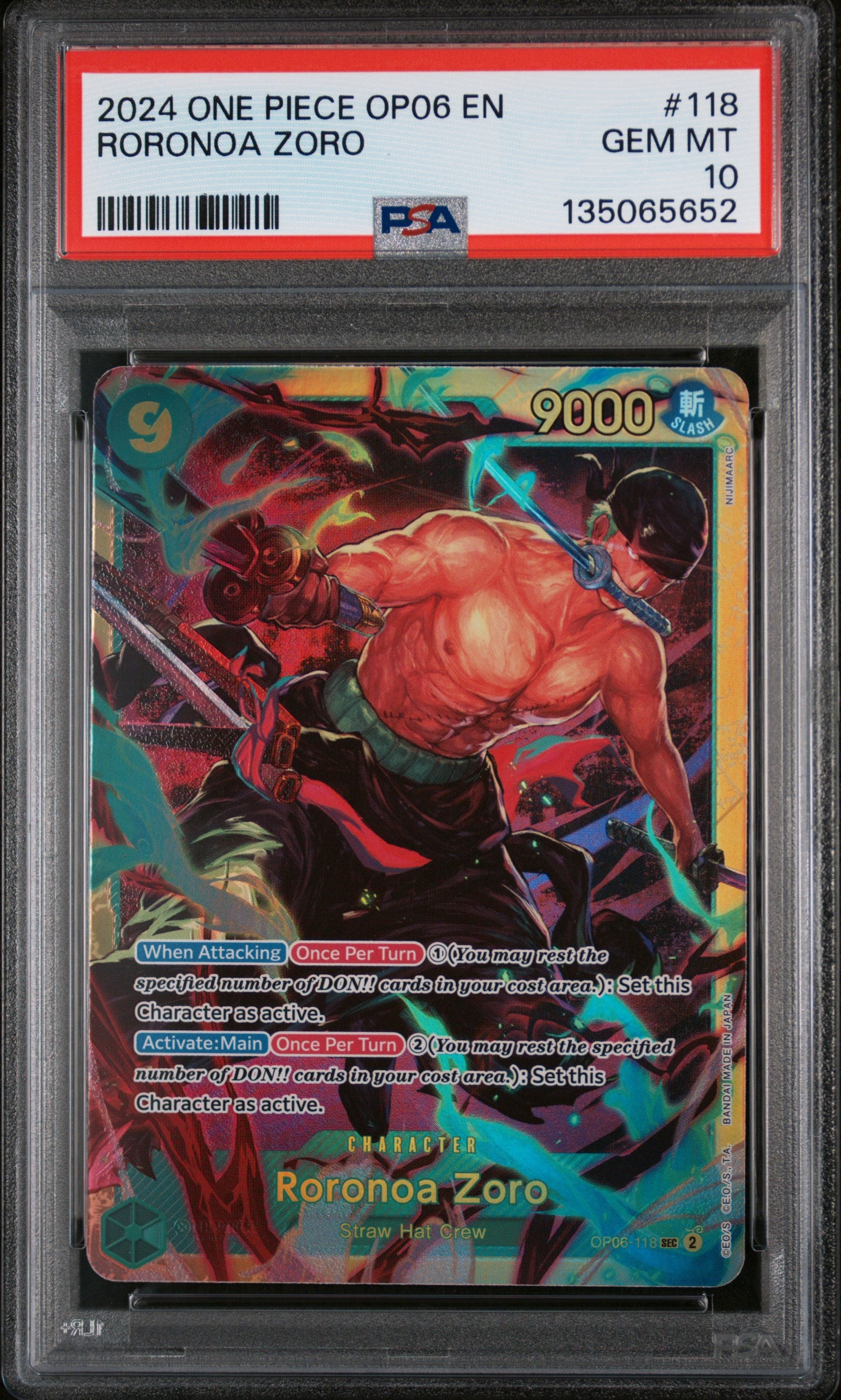 RORONOA ZORO 2024 ONE PIECE OP06-WINGS OF THE CAPTAIN PSA GEM MT 10