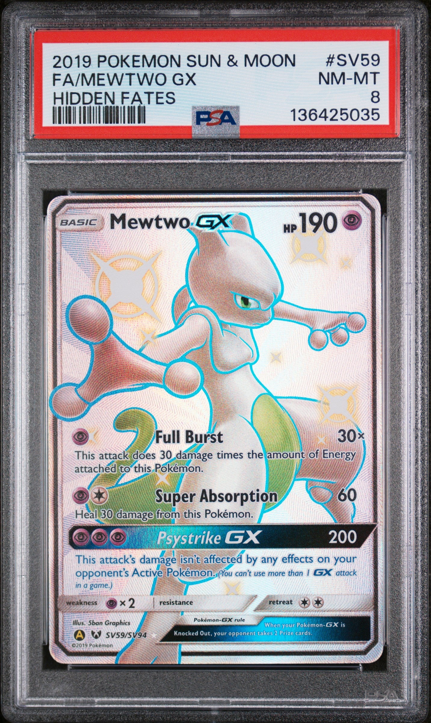 FA/MEWTWO GX HIDDEN FATES 2019 POKEMON SUN & MOON HIDDEN FATES PSA NM-MT 8