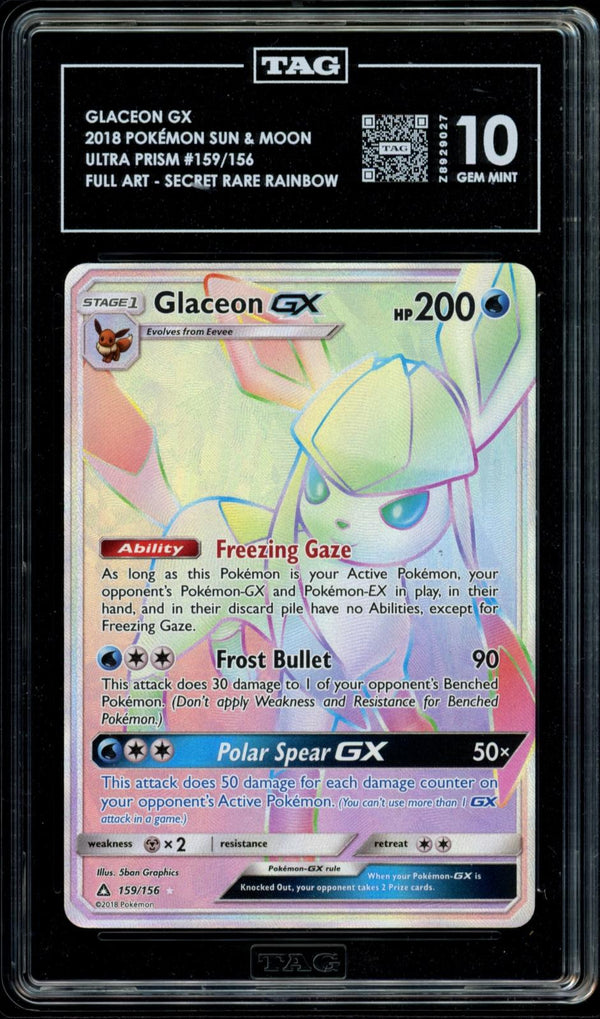 Glaceon GX Secret Rare 2018 Pokémon Sun & Moon TAG 10 GEM MINT