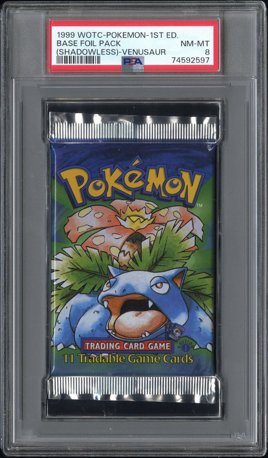 BASE FOIL PACK (SHADOWLESS)-VENUSAUR 1999 WOTC-POKEMON BASE FOIL PACK (SHADOWLESS) 1ST EDITION PSA NM-MT 8