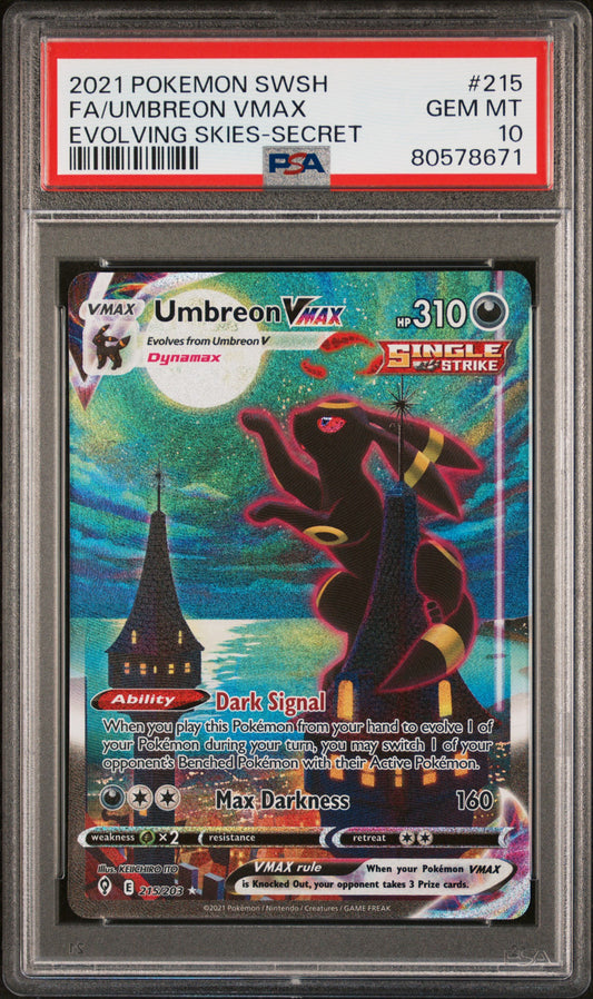 FA/UMBREON VMAX EVOLVING SKIES-SECRET 2021 POKEMON SWORD & SHIELD EVOLVING SKIES PSA GEM MT 10