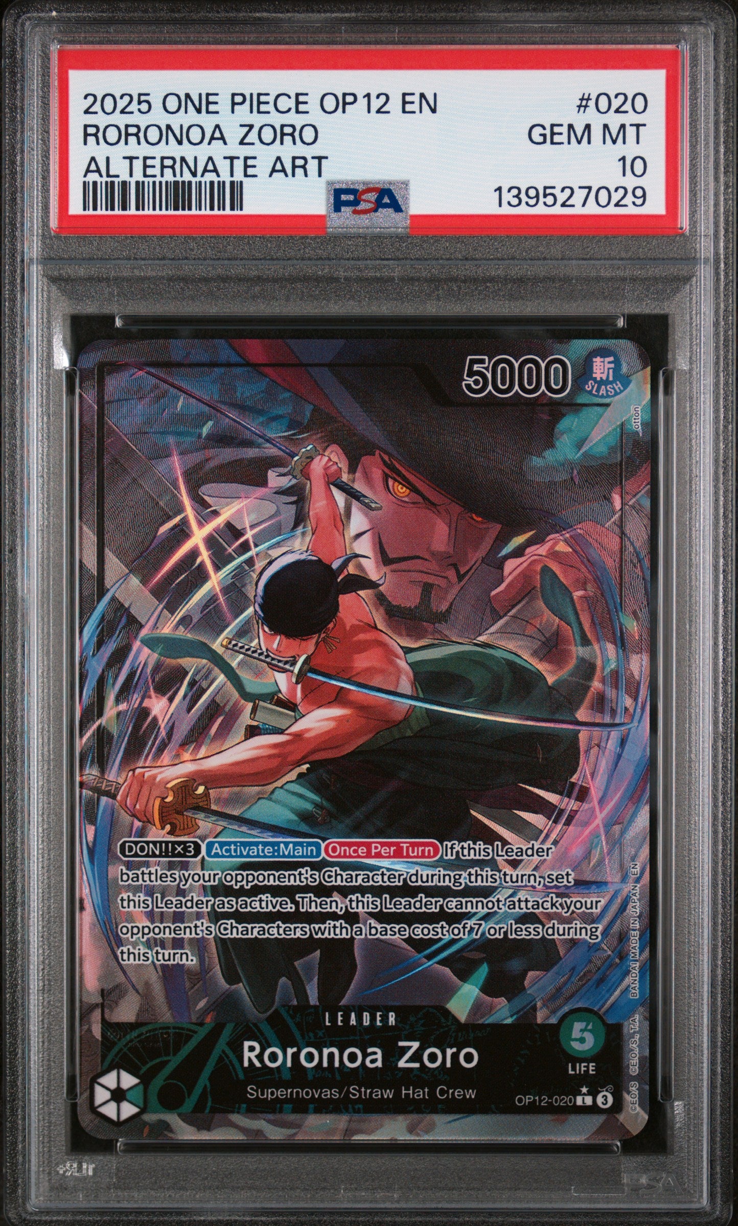 RORONOA ZORO ALTERNATE ART 2025 ONE PIECE OP12-LEGACY OF THE MASTER PSA GEM MT 10