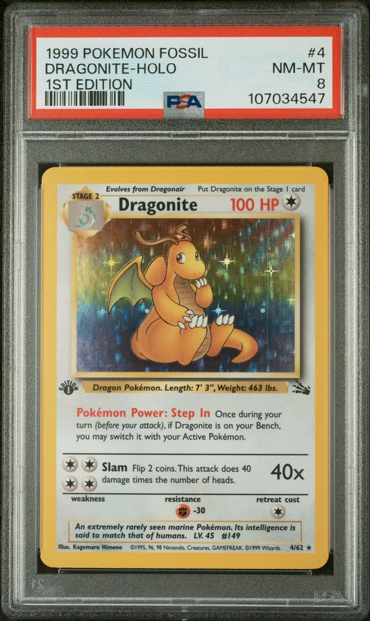DRAGONITE-HOLO 1ST EDITION 1999 POKEMON FOSSIL PSA NM-MT 8